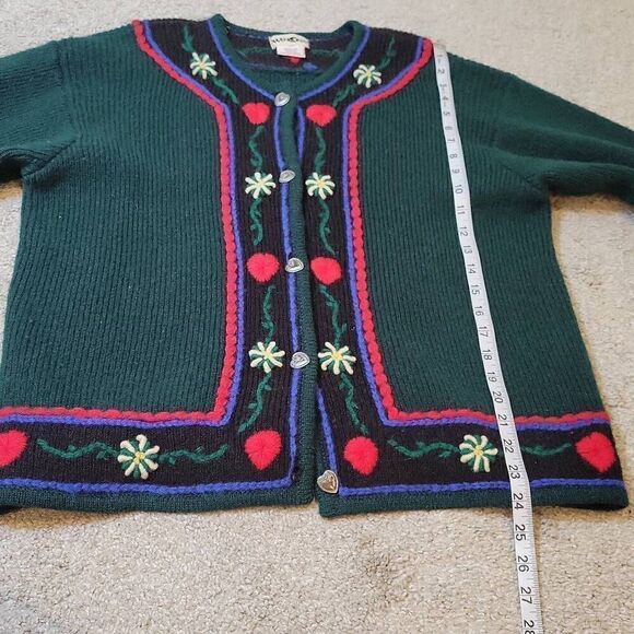 VINTAGE WINONA HAND EMBROIDERED WOOL CARDIGAN SIZE M GREEN RED - Picture 5 of 6